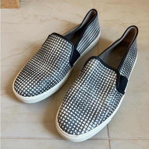 Vince Shoes - VINCE. Blair black white checkered leather slip on skater platform sneaker shoe